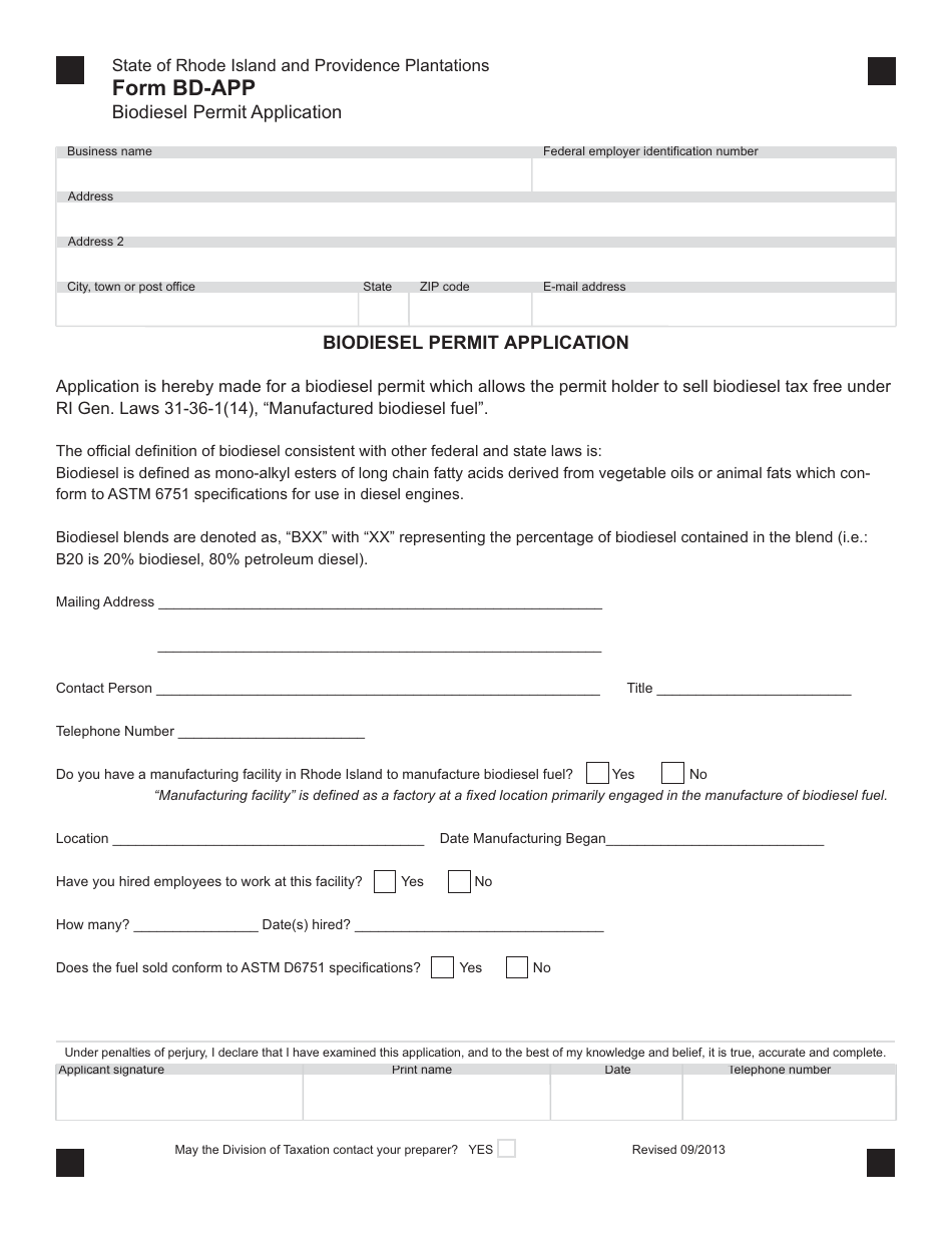Form BD-APP Biodiesel Permit Application - Rhode Island, Page 1