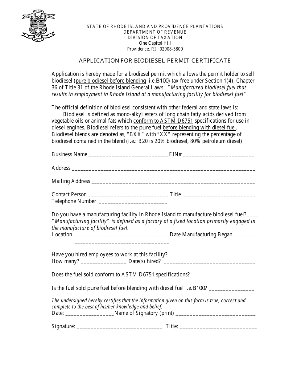 Application for Biodiesel Permit Certificate - Rhode Island, Page 1