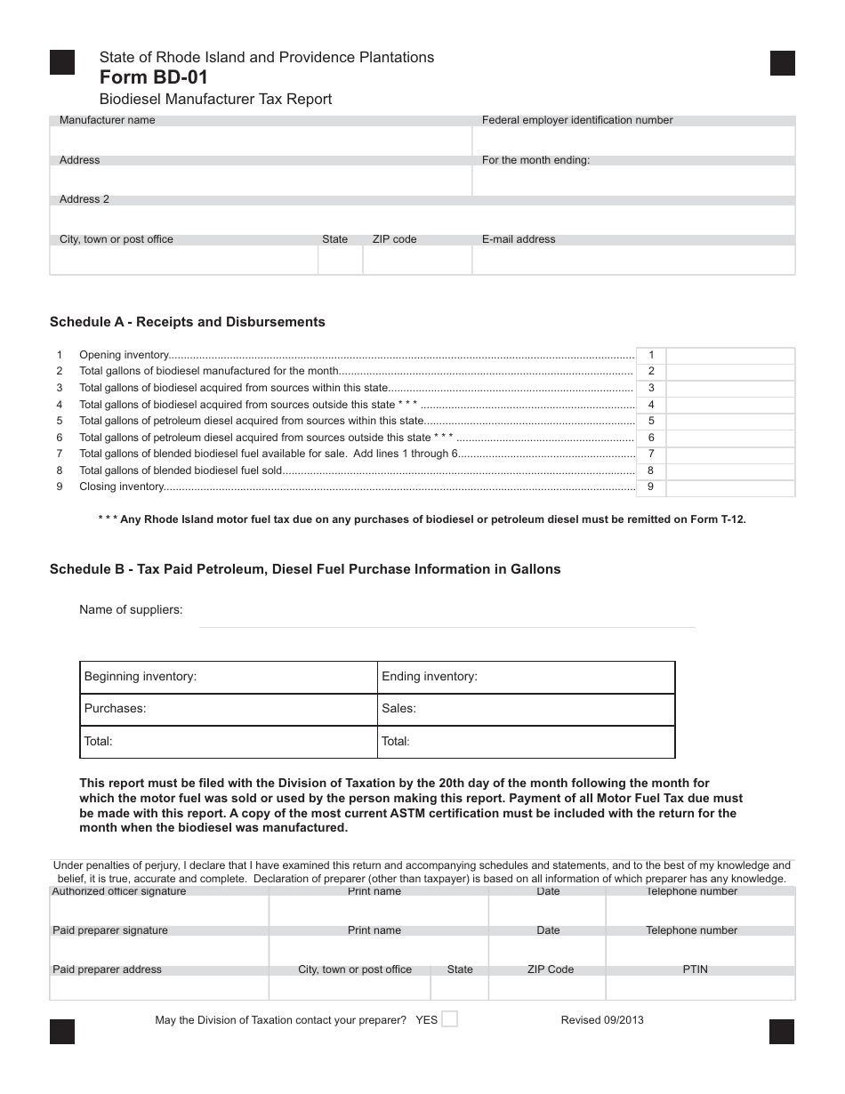Form BD-01 Biodiesel Manufacturer Tax Report - Rhode Island, Page 1