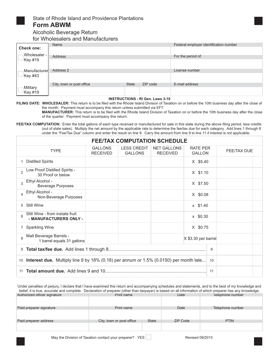 Form ABWM Alcoholic Beverage Return for Wholesalers and Manufacturers - Rhode Island, Page 1