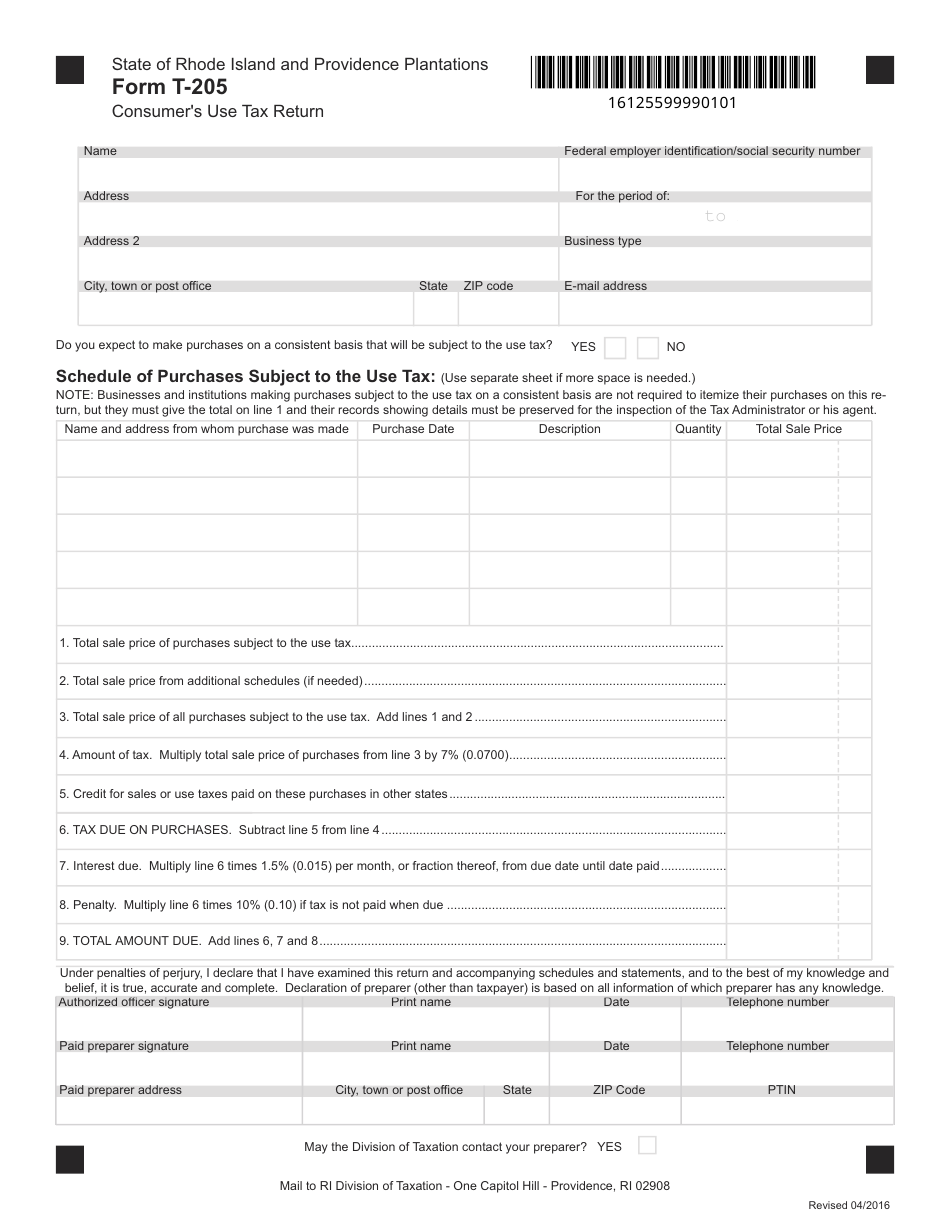 Form T-205 Consumers Use Tax Return - Rhode Island, Page 1