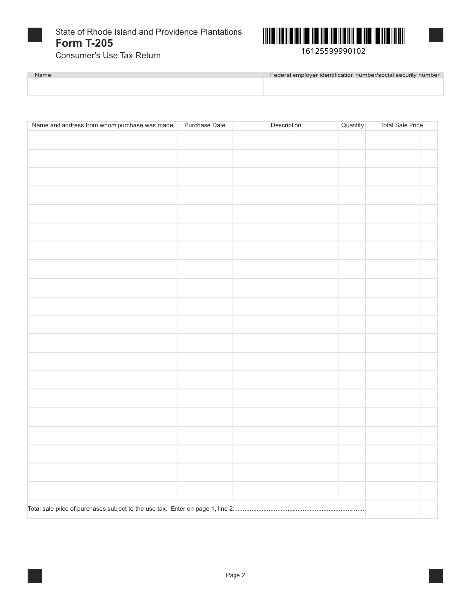 Form T-205 Consumers Use Tax Return - Rhode Island, Page 2
