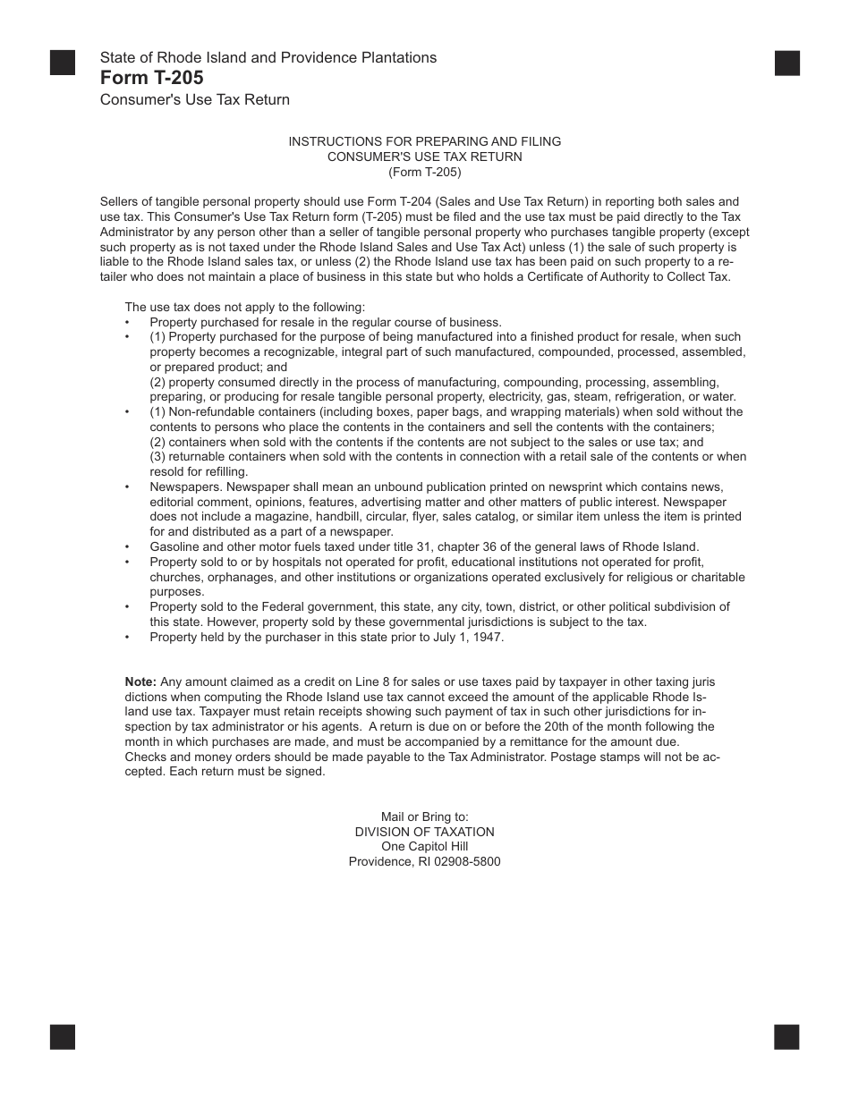 Form T-205 Consumers Use Tax Return - Rhode Island, Page 3