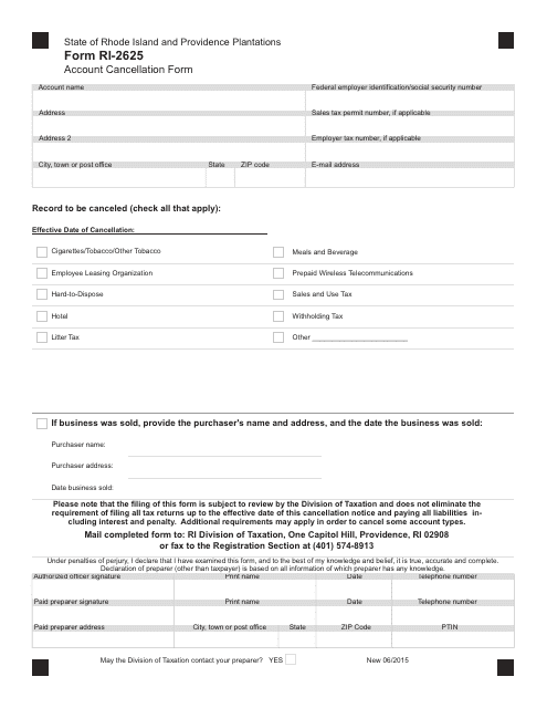 Form RI-2625 Account Cancellation Form - Rhode Island