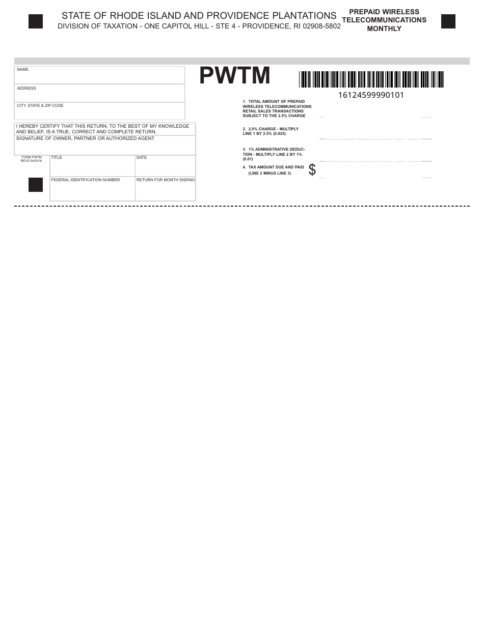 Form PWTM Prepaid Wireless Telecommunications Charge - Monthly - Rhode Island, Page 1