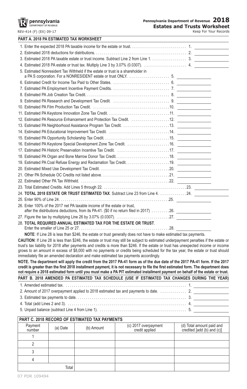 Form REV-414 (F) Estates and Trusts Worksheet - Pennsylvania, Page 1