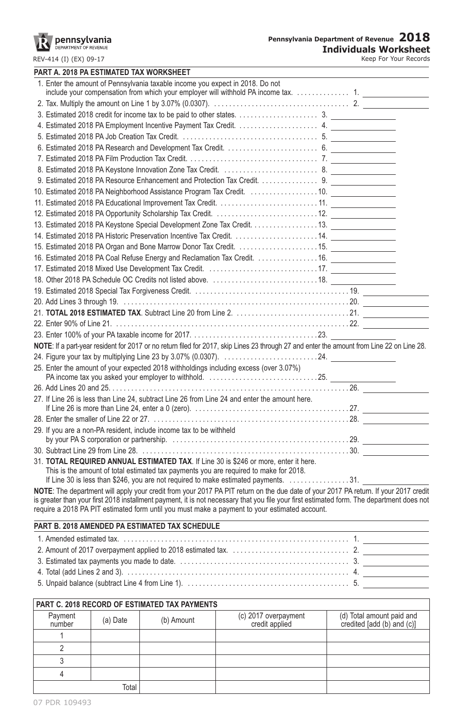 Form REV-414(I) Individuals Worksheet - Pennsylvania, Page 1