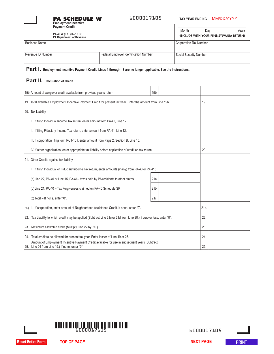 Form PA-40 W Schedule W Employment Incentive Payment Credit - Pennsylvania, Page 1