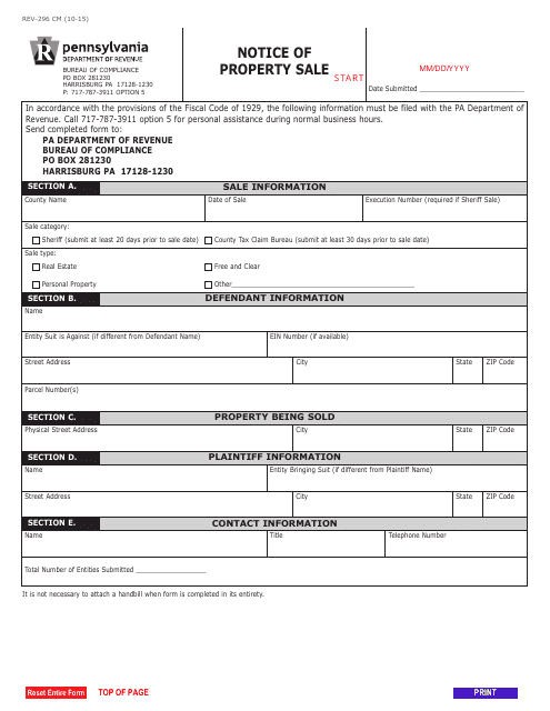 Form REV-296 CM Notice of Property Sale - Pennsylvania