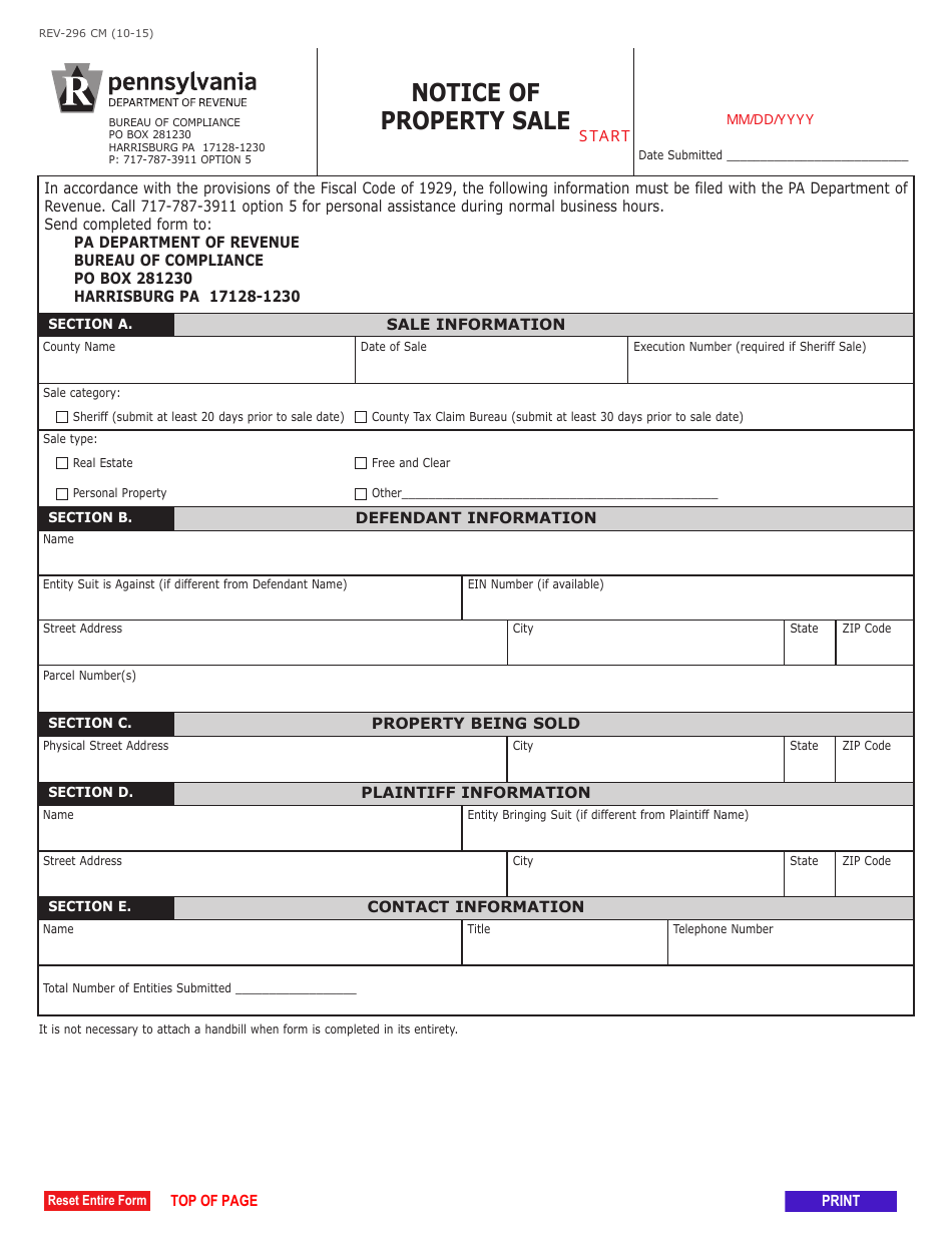 Form REV-296 CM Notice of Property Sale - Pennsylvania, Page 1