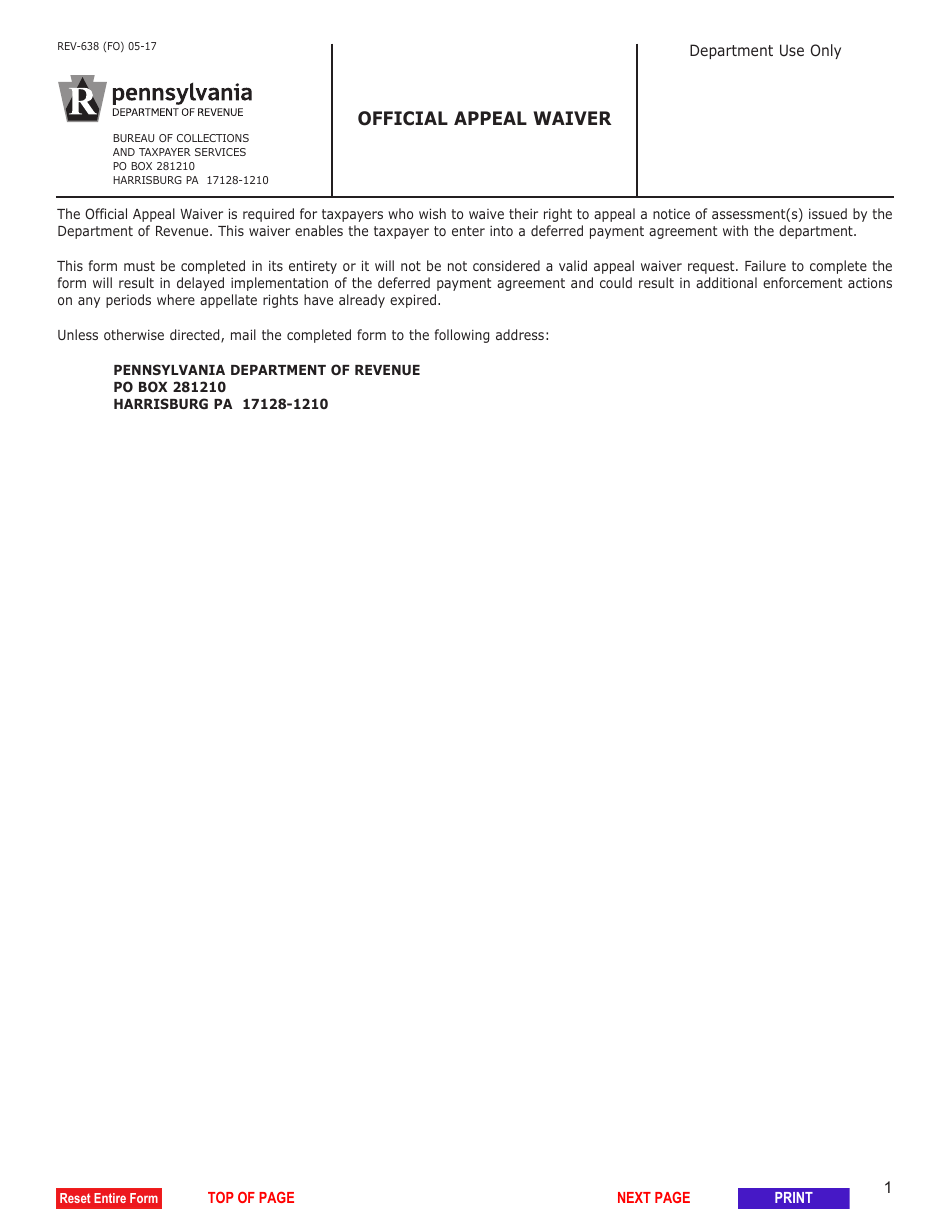 Form REV-638(FO) Official Appeal Waiver - Pennsylvania, Page 1