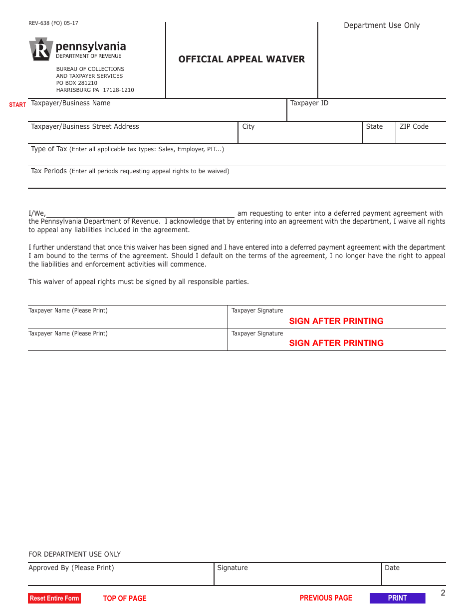 Form REV-638(FO) Official Appeal Waiver - Pennsylvania, Page 2