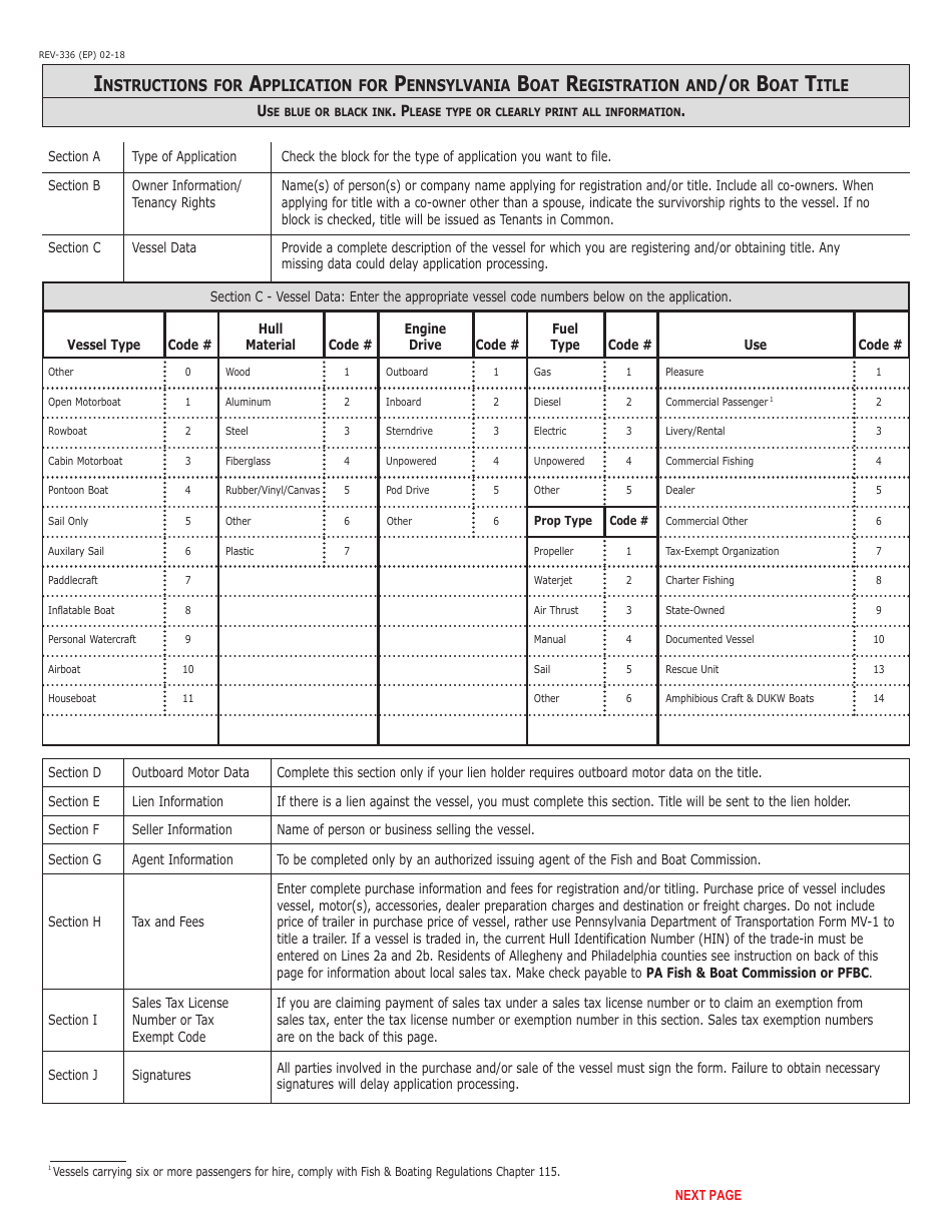 Form REV-336 Application for Pennsylvania Boat Registration and / or Boat Title - Pennsylvania, Page 1