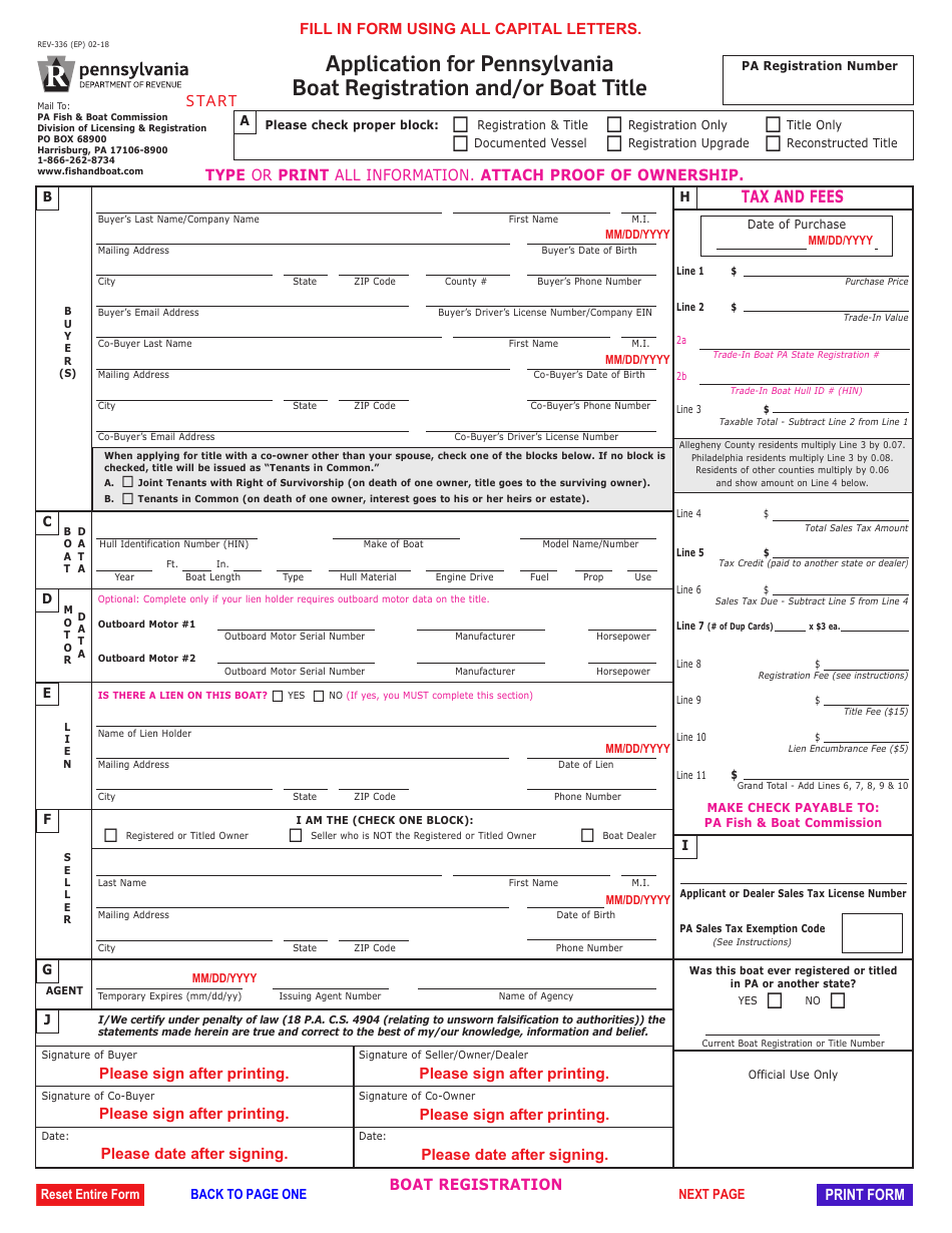 Form REV-336 Application for Pennsylvania Boat Registration and / or Boat Title - Pennsylvania, Page 3