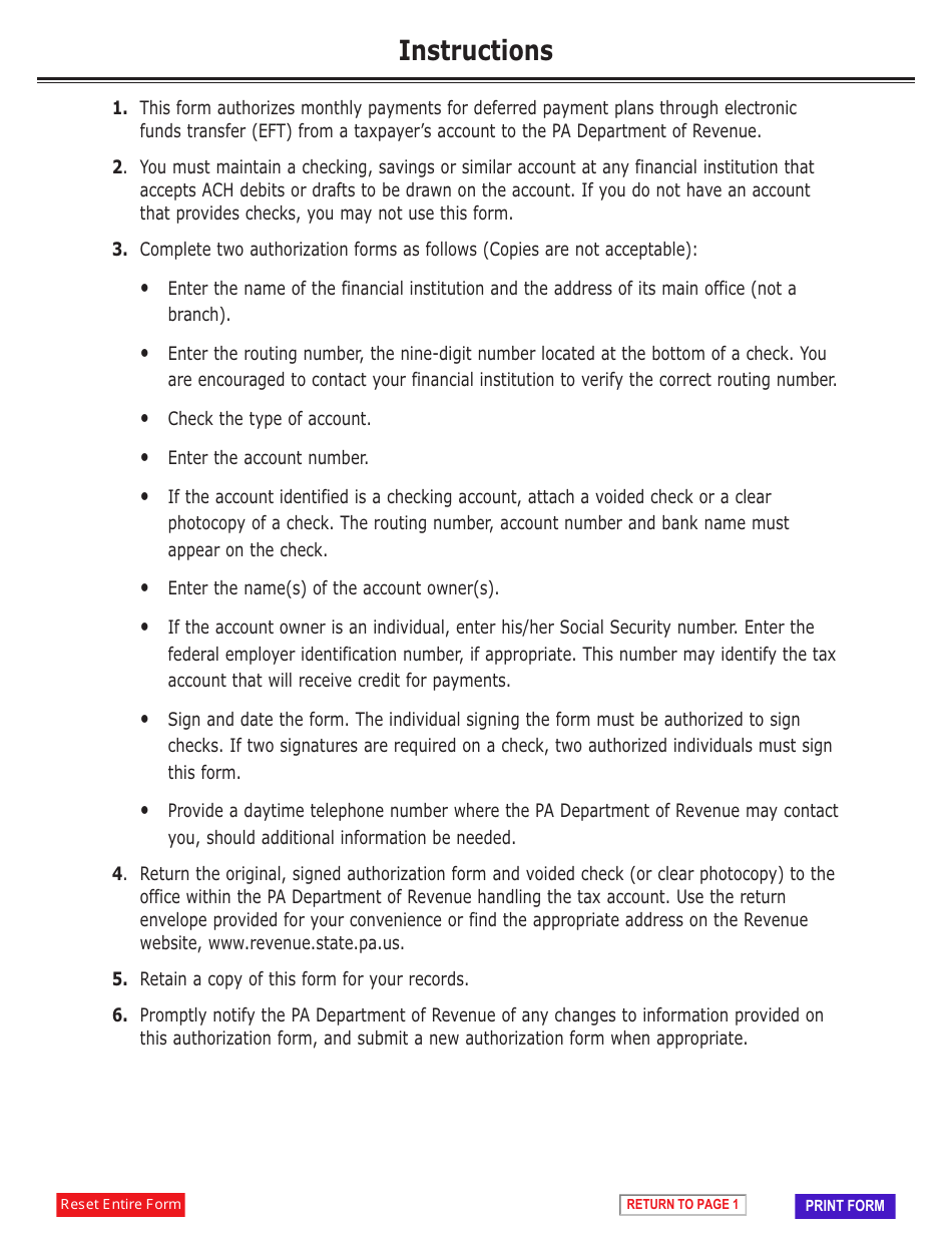 Form REV-692 FO Authorization to Honor Drafts / Automated Clearing House Debits for Deferred Payment Plans - Pennsylvania, Page 2