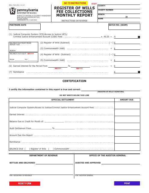 Form REV-718 Register of Wills Fee Collections Monthly Report - Pennsylvania