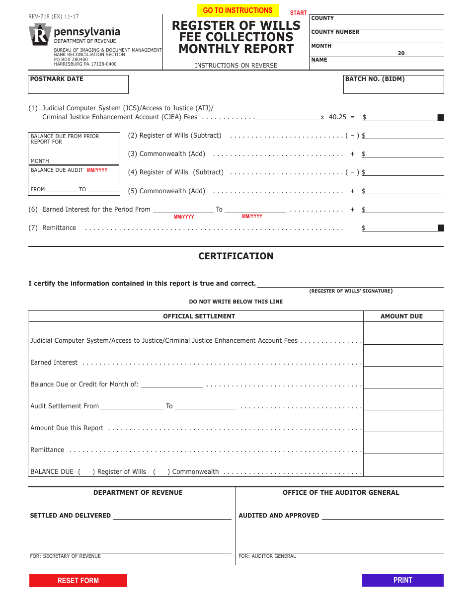 Form REV-718 Register of Wills Fee Collections Monthly Report - Pennsylvania, Page 1