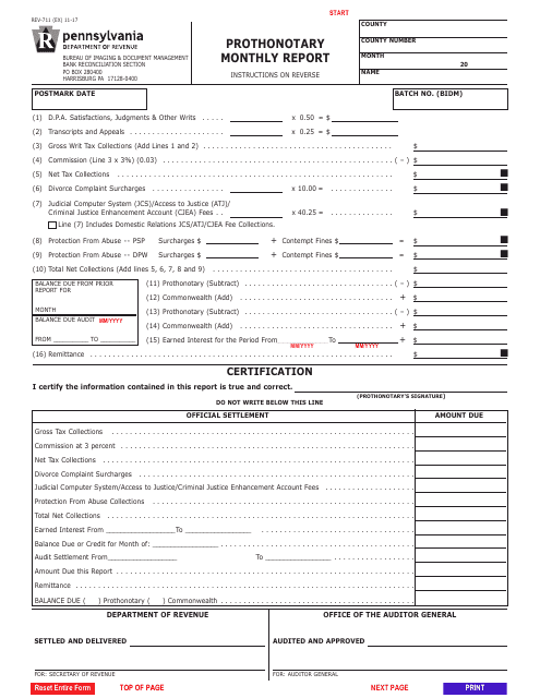 Form REV-711 Prothonotary Monthly Report - Pennsylvania