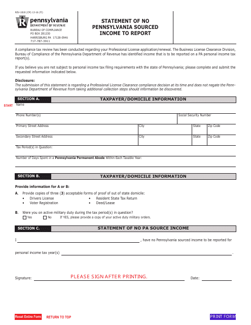 Form REV-1818 Statement of No Pennsylvania Sourced Income to Report - Pennsylvania