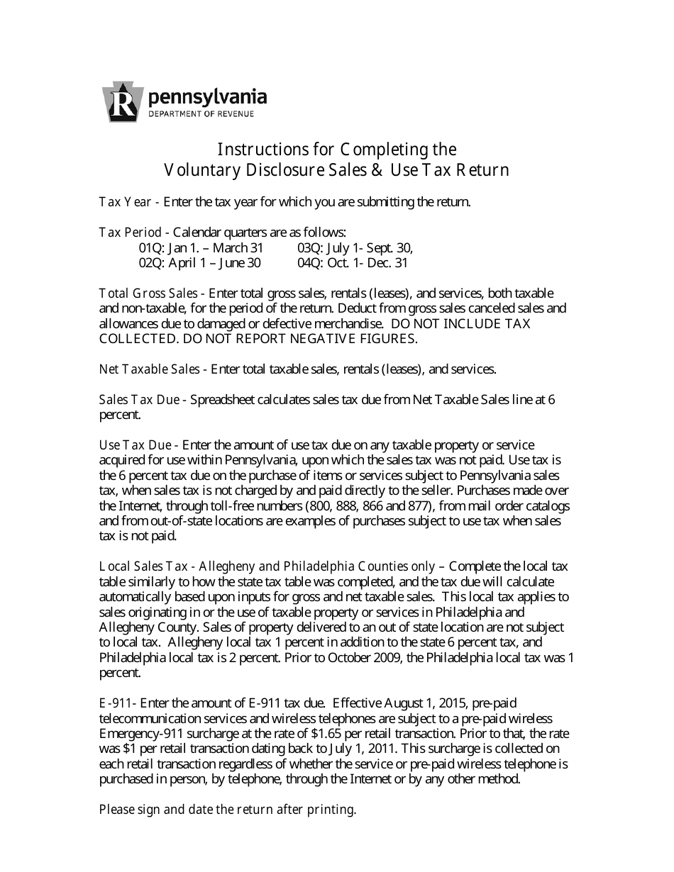 Download Instructions for Voluntary Disclosure Sales & Use Tax Return