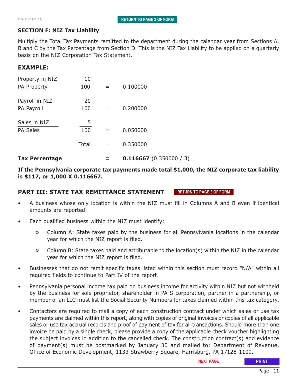 Form REV-1186 Neighborhood Improvement Zone Program (Niz) Annual Tax Report - Pennsylvania, Page 11