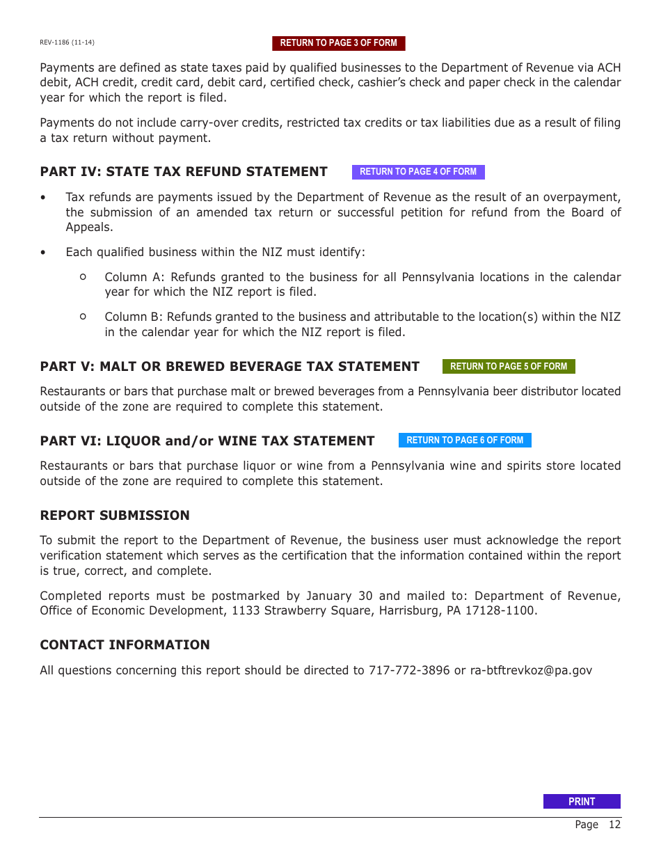 Form REV-1186 Neighborhood Improvement Zone Program (Niz) Annual Tax Report - Pennsylvania, Page 12