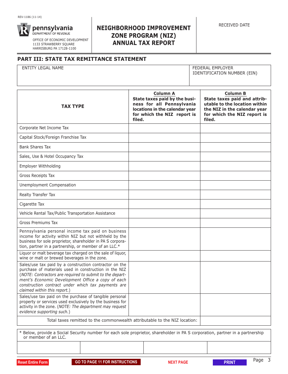 Form REV-1186 Neighborhood Improvement Zone Program (Niz) Annual Tax Report - Pennsylvania, Page 3