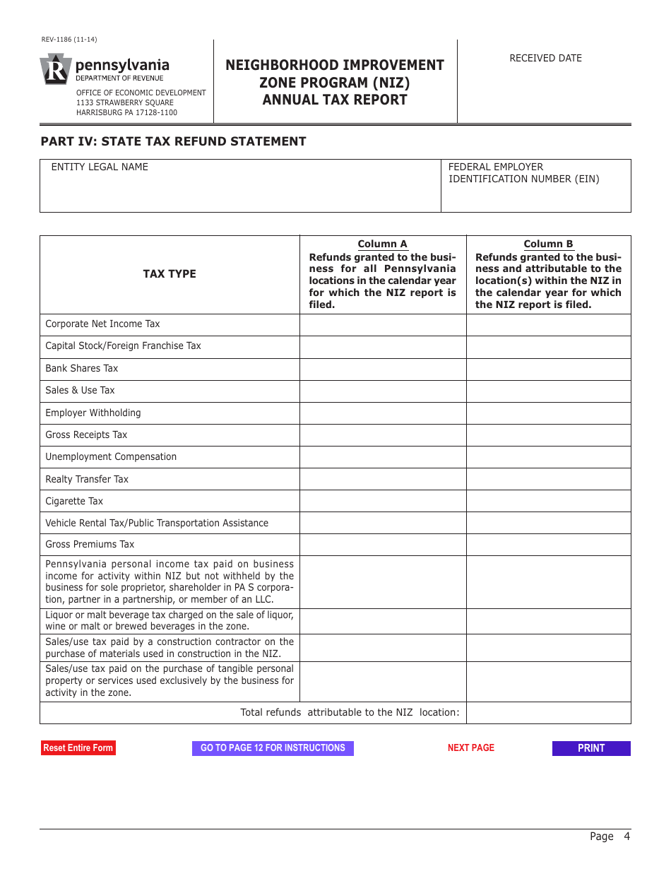 Form REV-1186 Neighborhood Improvement Zone Program (Niz) Annual Tax Report - Pennsylvania, Page 4