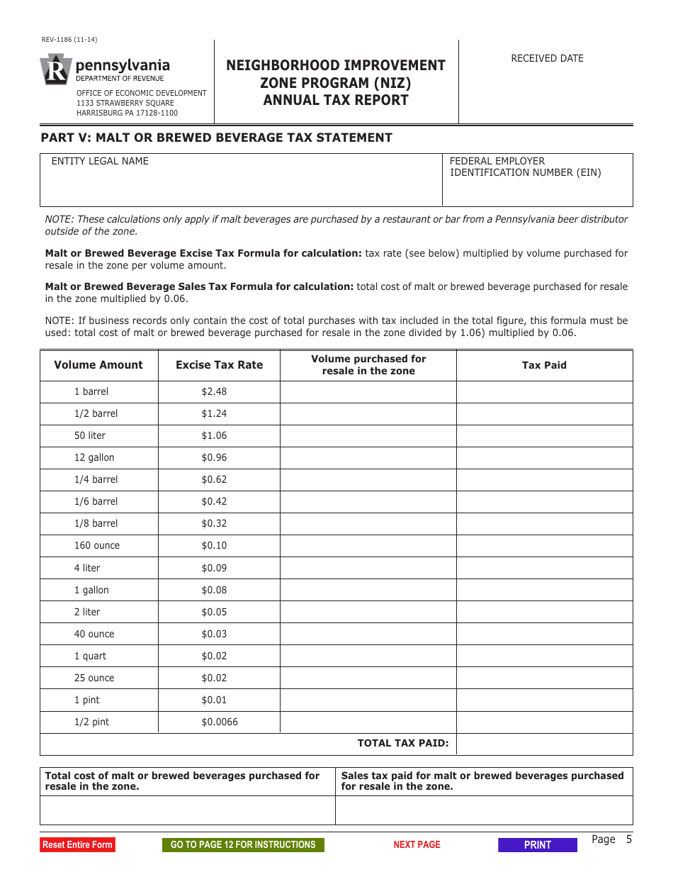 Form REV-1186 Neighborhood Improvement Zone Program (Niz) Annual Tax Report - Pennsylvania, Page 5