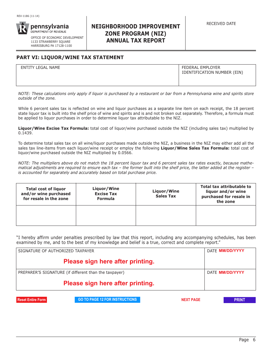 Form REV-1186 Neighborhood Improvement Zone Program (Niz) Annual Tax Report - Pennsylvania, Page 6