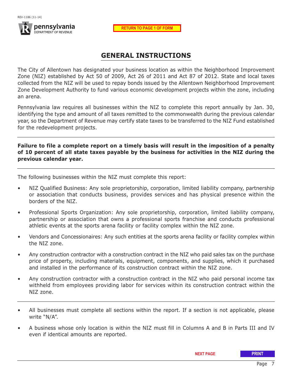 Form REV-1186 Neighborhood Improvement Zone Program (Niz) Annual Tax Report - Pennsylvania, Page 7
