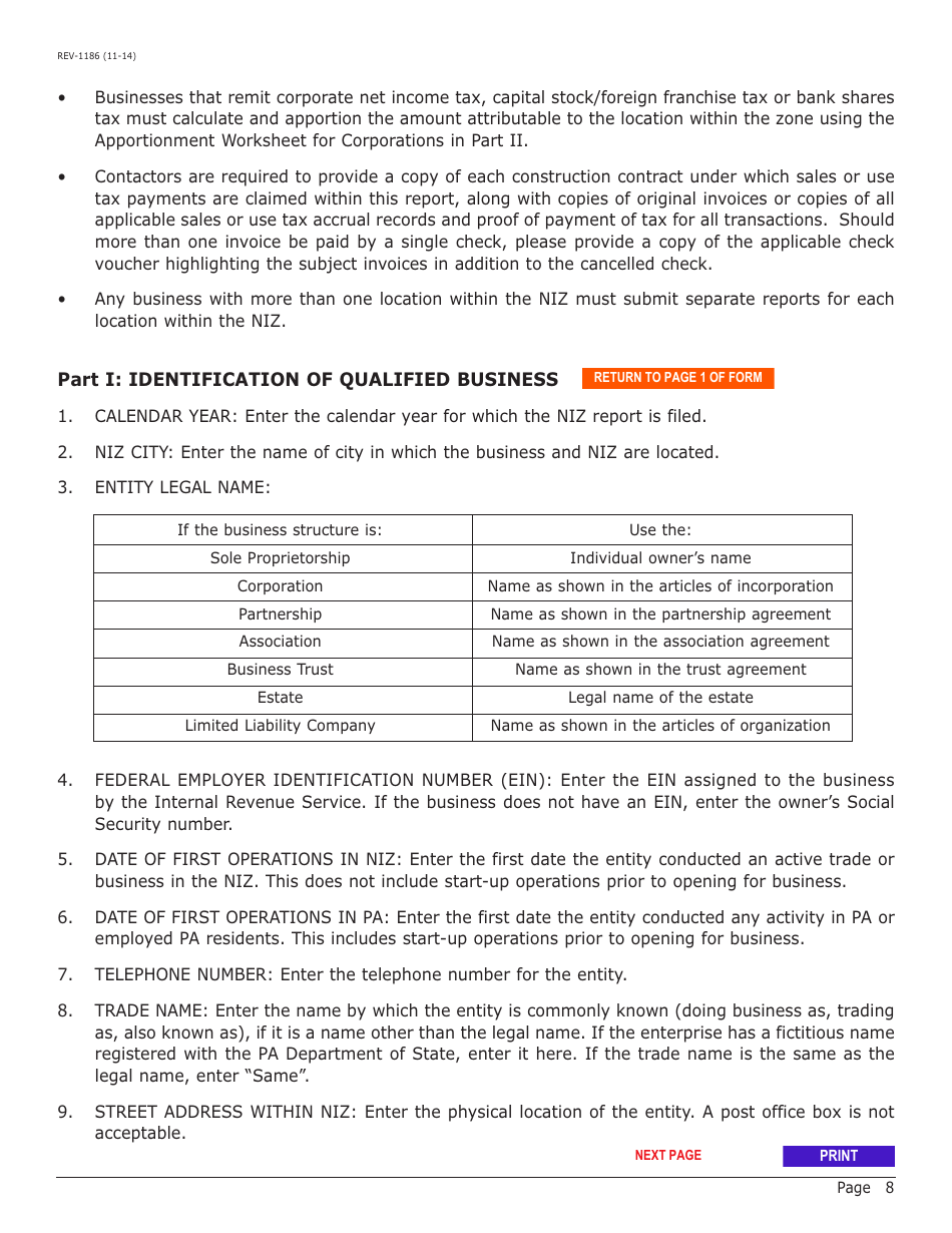 Form REV-1186 Neighborhood Improvement Zone Program (Niz) Annual Tax Report - Pennsylvania, Page 8