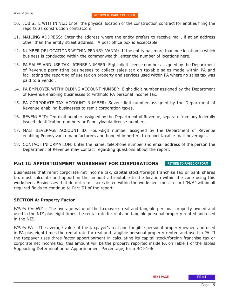 Form REV-1186 Neighborhood Improvement Zone Program (Niz) Annual Tax Report - Pennsylvania, Page 9
