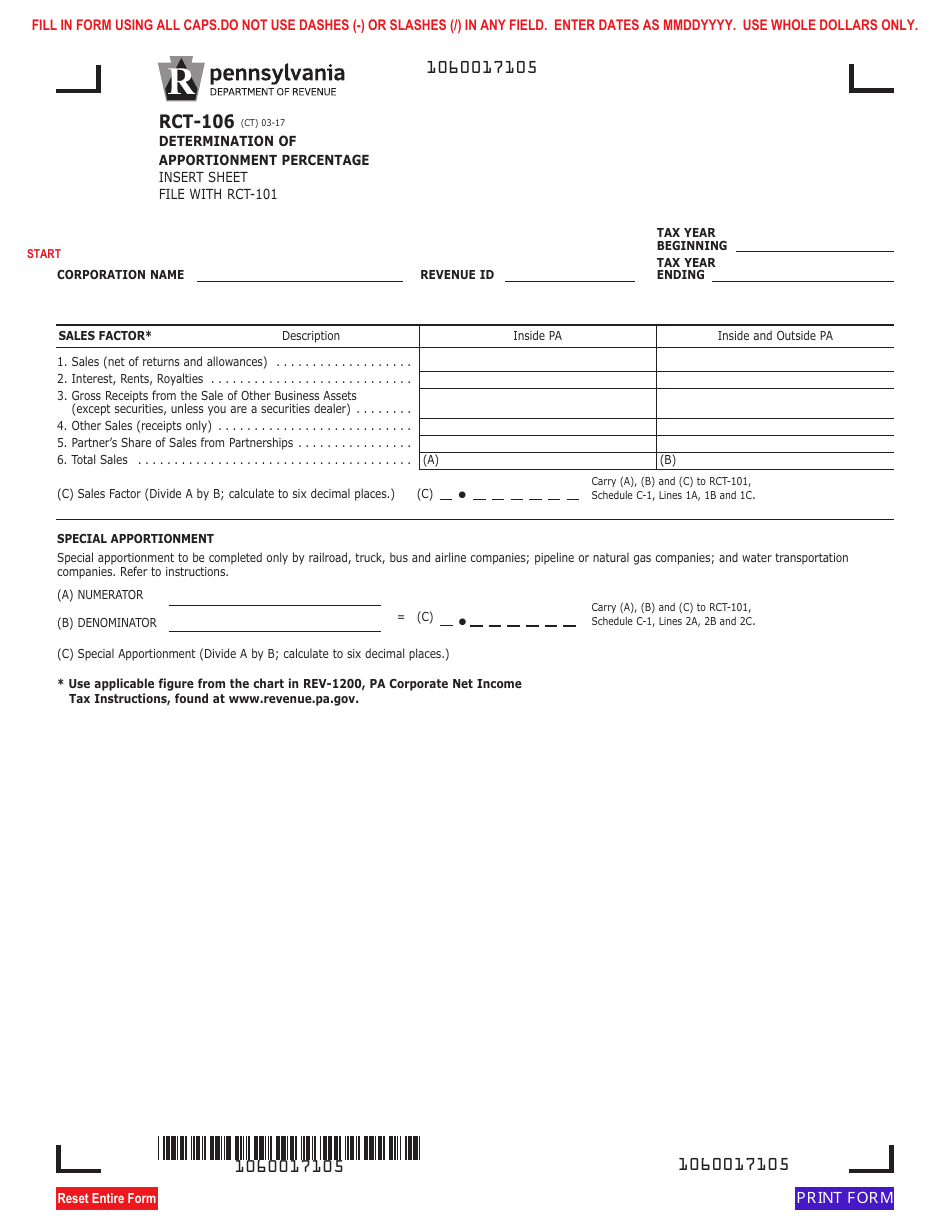 Form RCT-106 Determination of Apportionment Percentage - Insert Sheet - File With Rct-101 - Pennsylvania, Page 1