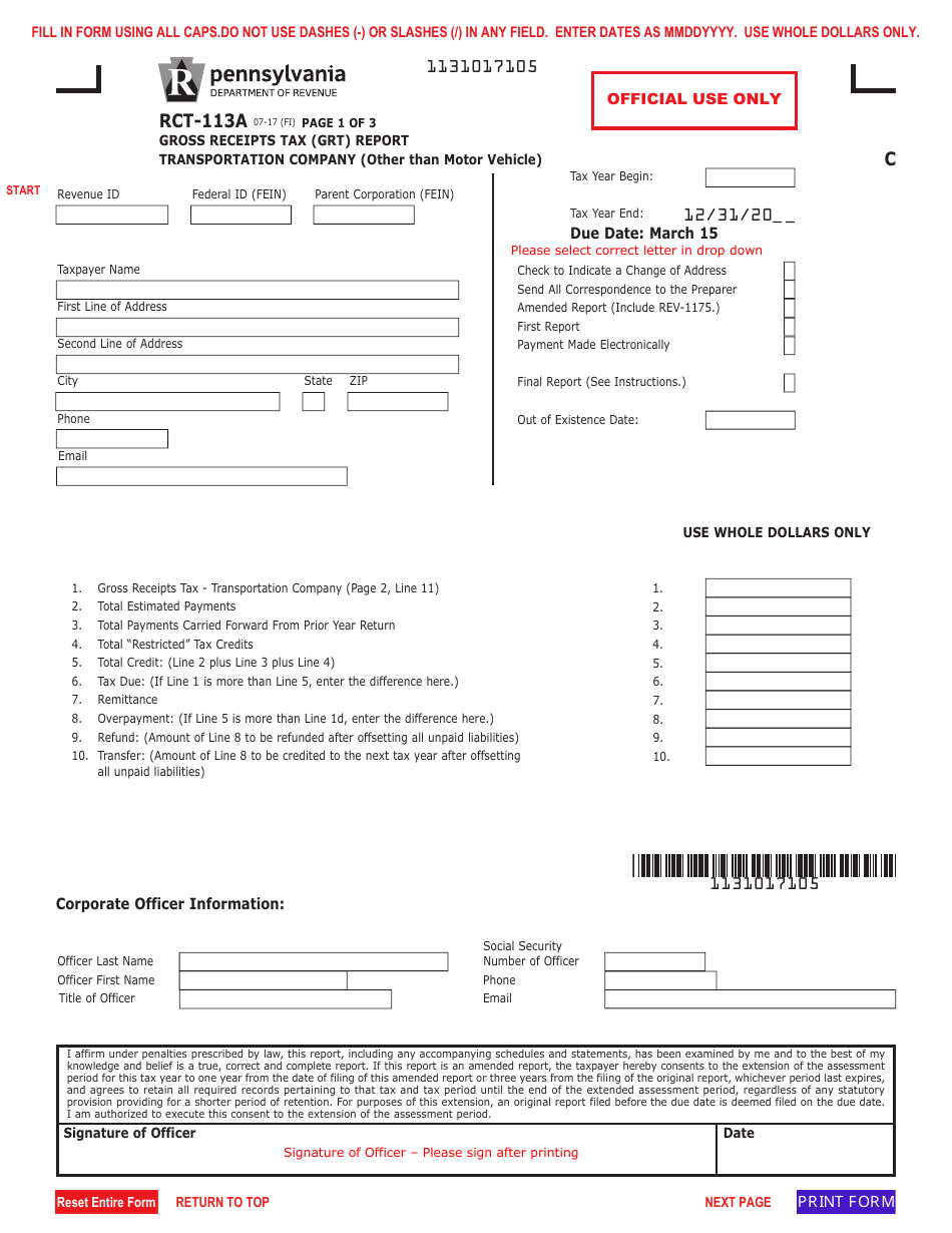Form RCT-113A Gross Receipts Tax (Grt) Report - Transportation Company (Other Than Motor Vehicle) - Pennsylvania, Page 1