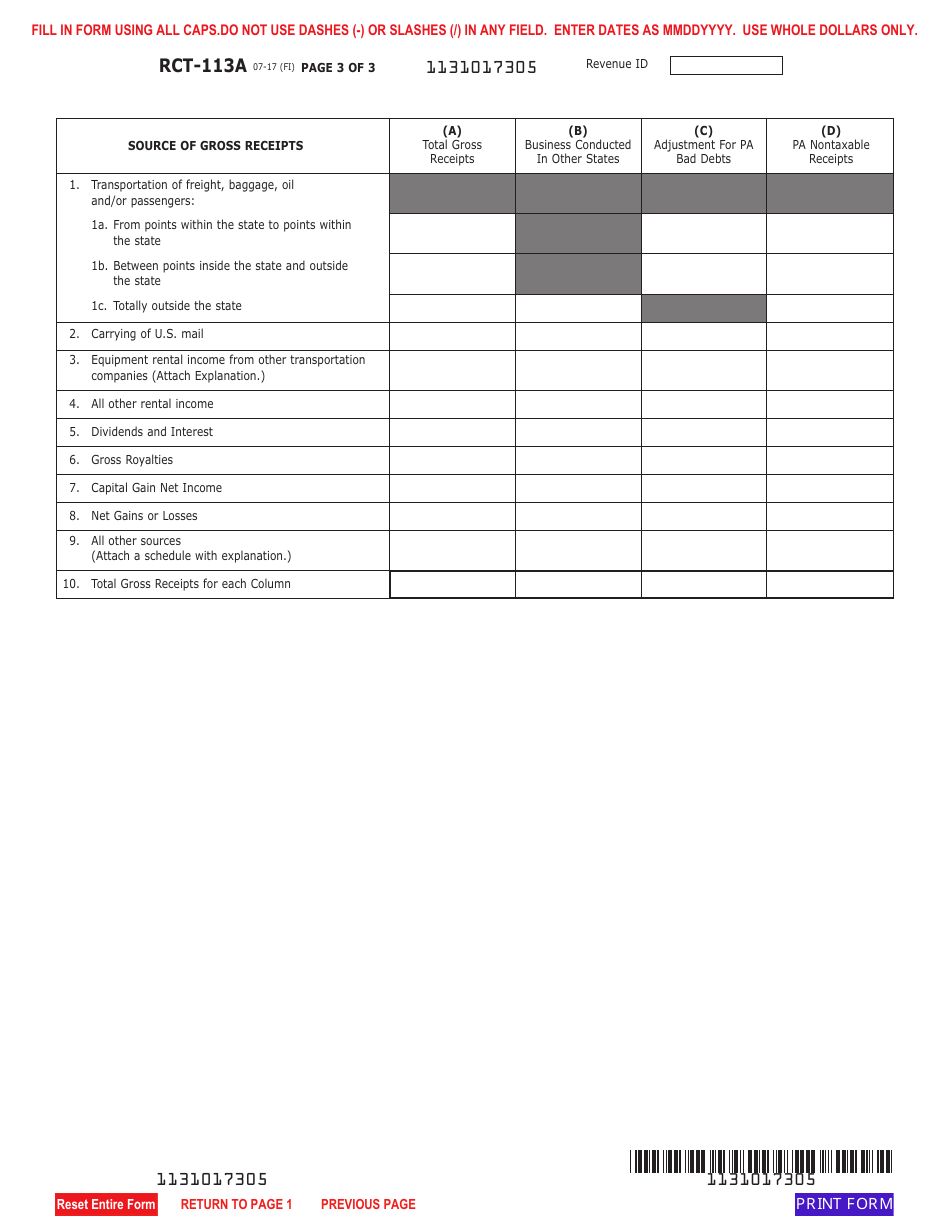 Form RCT-113A Gross Receipts Tax (Grt) Report - Transportation Company (Other Than Motor Vehicle) - Pennsylvania, Page 3