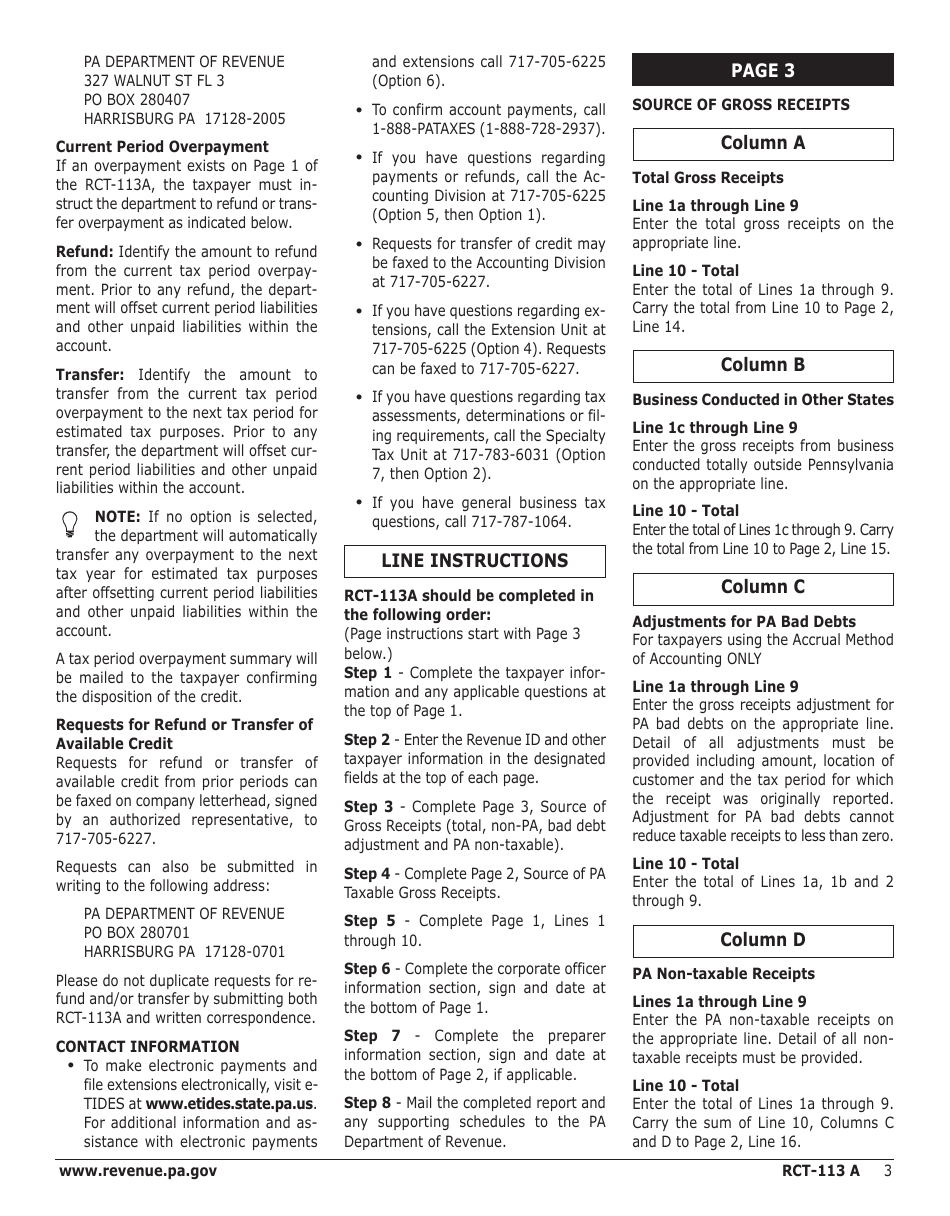 Instructions for Form RCT-113A Gross Receipts Tax (Grt) Report - Transportation Company (Other Than Motor Vehicle) - Pennsylvania, Page 3
