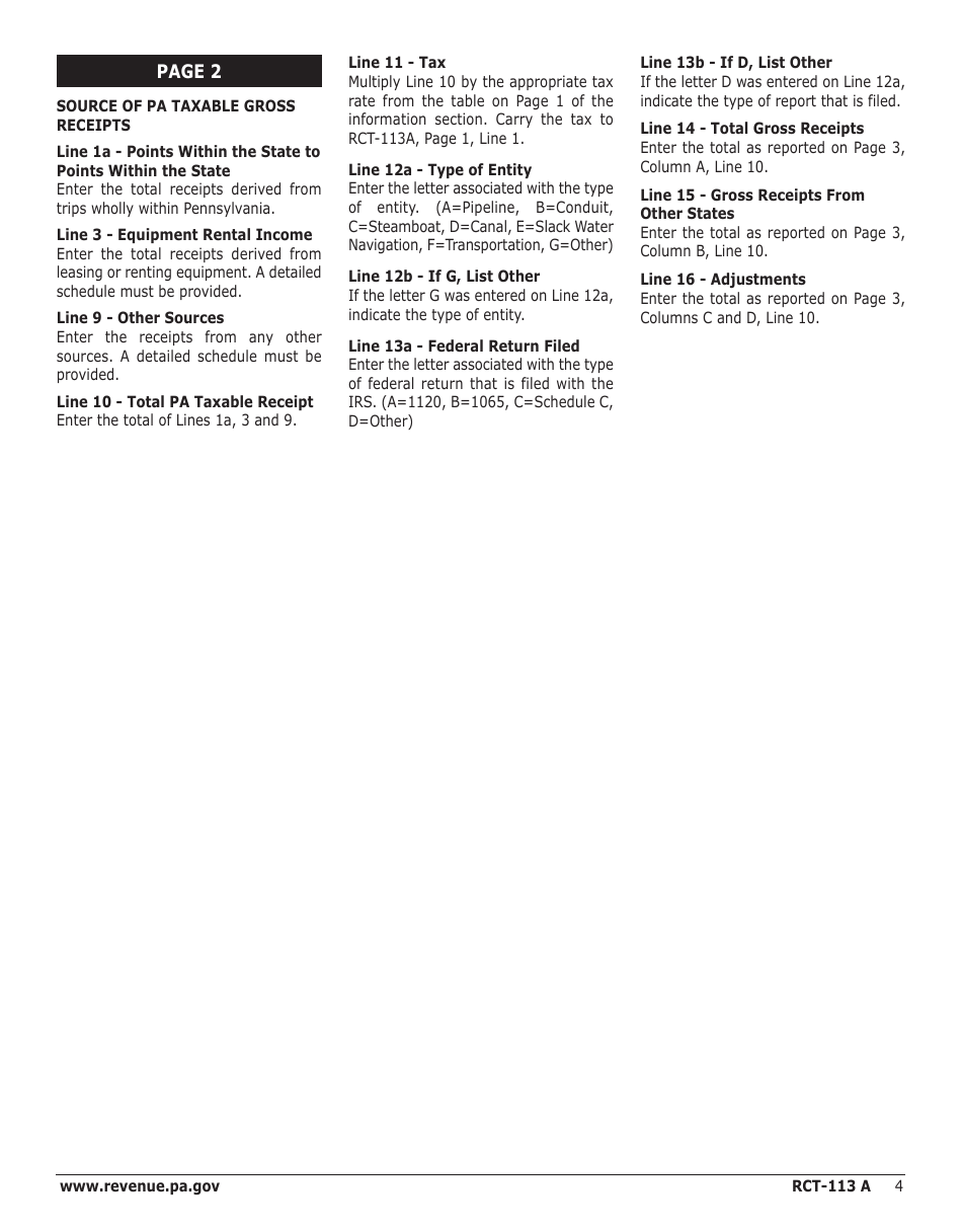 Instructions for Form RCT-113A Gross Receipts Tax (Grt) Report - Transportation Company (Other Than Motor Vehicle) - Pennsylvania, Page 4