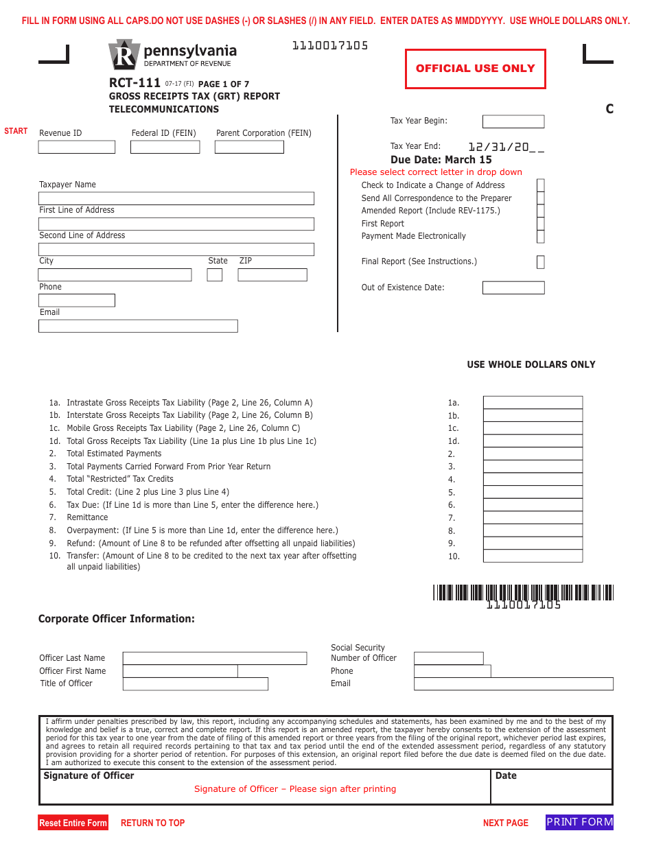 Form RCT-111 Gross Receipts Tax (Grt) Report - Telecommunications - Pennsylvania, Page 1