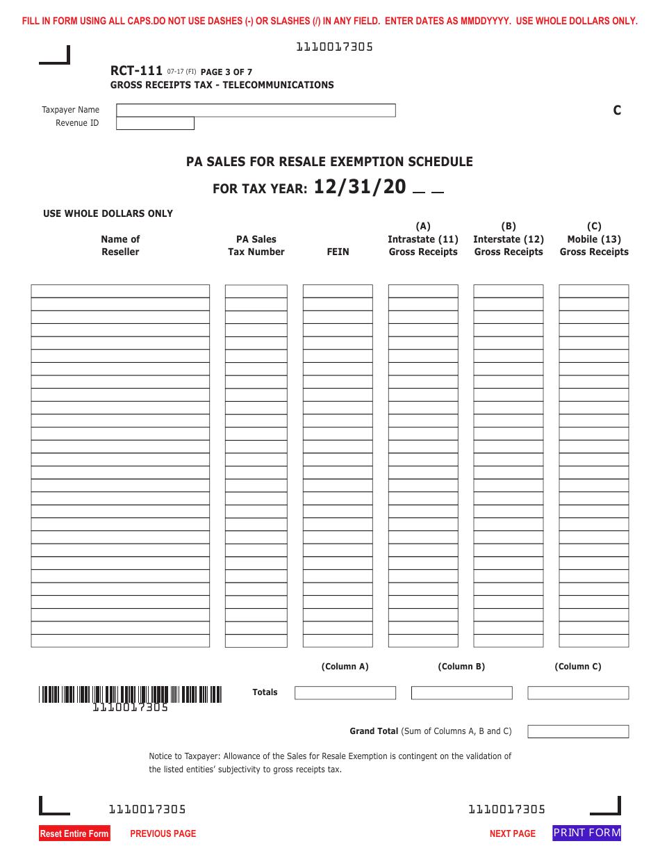Form RCT-111 Gross Receipts Tax (Grt) Report - Telecommunications - Pennsylvania, Page 3
