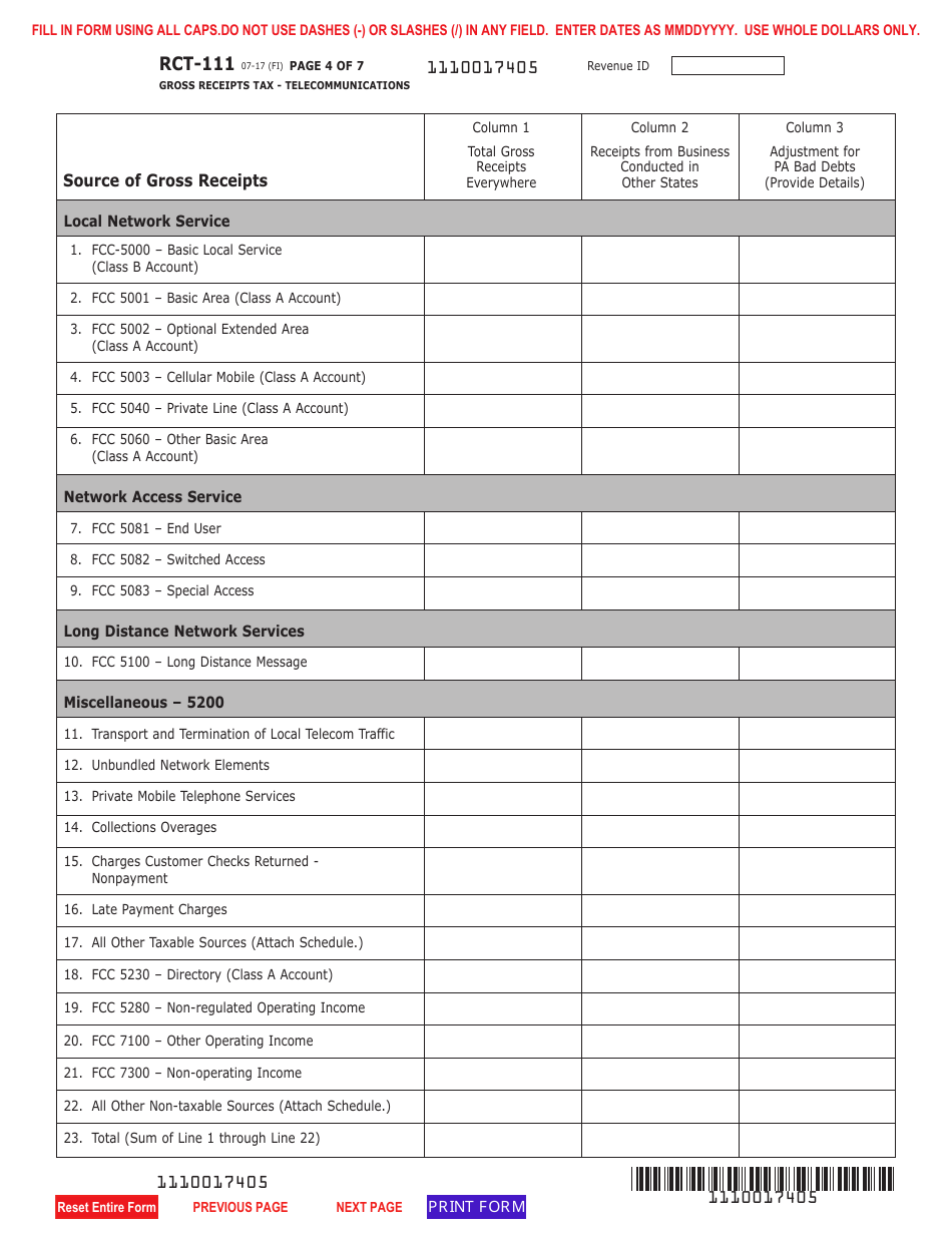 Form RCT-111 Gross Receipts Tax (Grt) Report - Telecommunications - Pennsylvania, Page 4