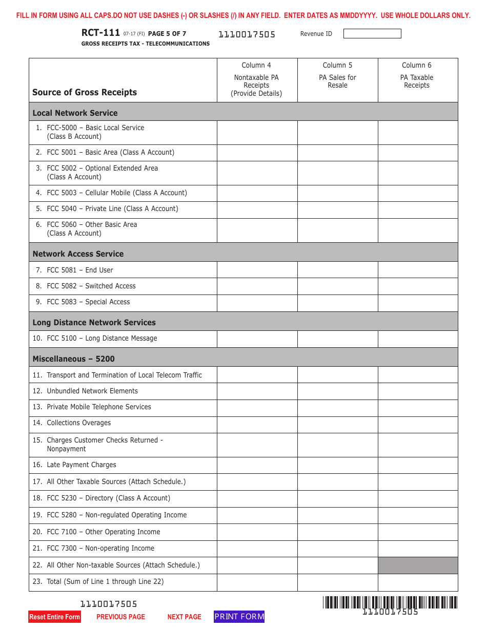 Form RCT-111 Gross Receipts Tax (Grt) Report - Telecommunications - Pennsylvania, Page 5