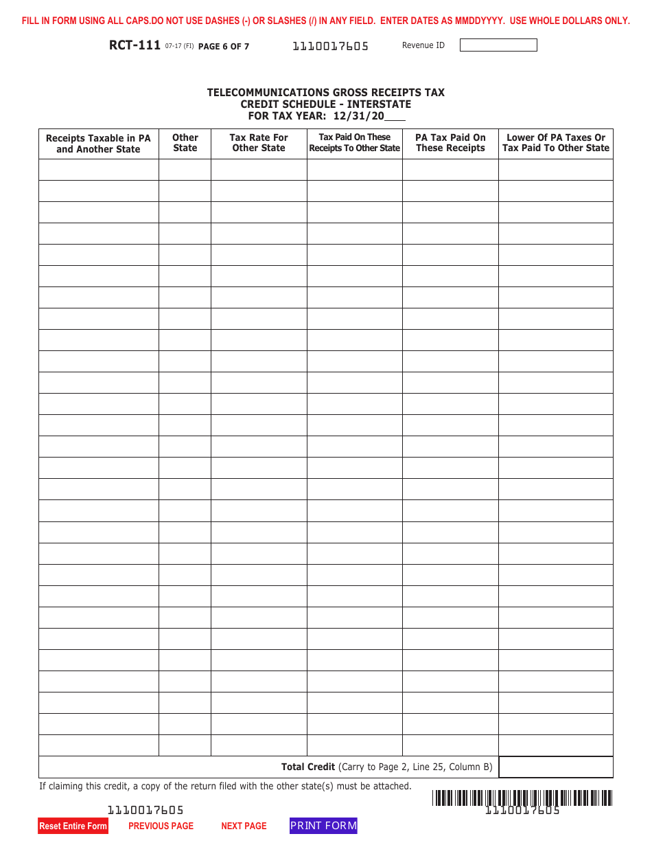 Form RCT-111 Gross Receipts Tax (Grt) Report - Telecommunications - Pennsylvania, Page 6