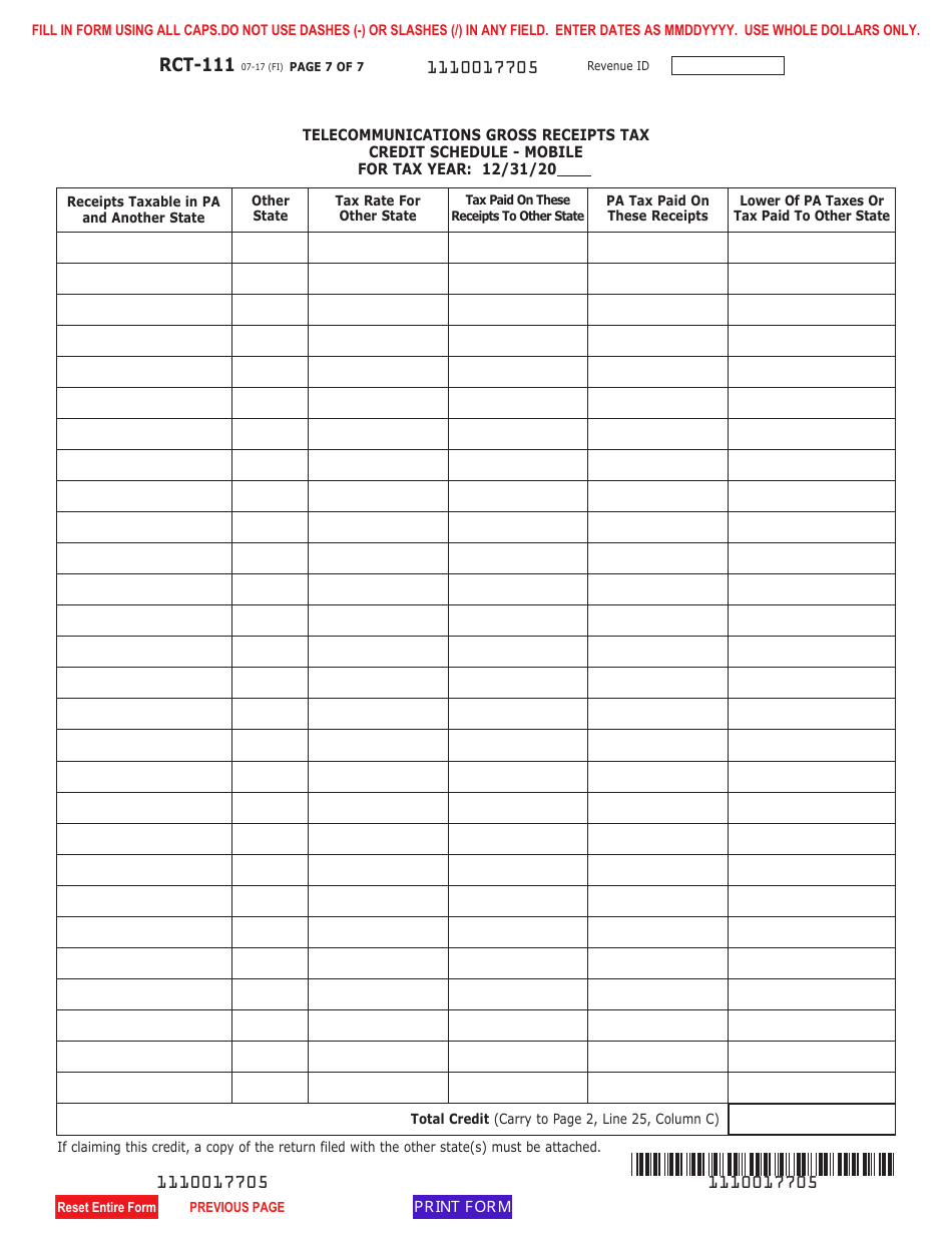 Form RCT-111 Gross Receipts Tax (Grt) Report - Telecommunications - Pennsylvania, Page 7