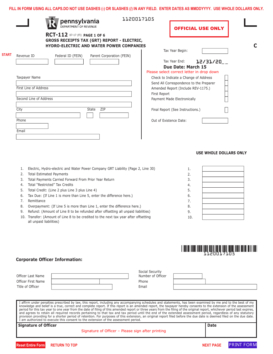 Form RCT-112 Gross Receipts Tax (Grt) Report - Electric, Hydro-Electric and Water Power Companies - Pennsylvania, Page 1