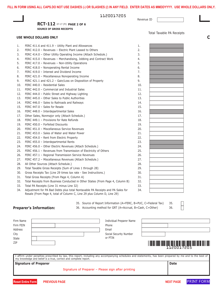 Form RCT-112 Gross Receipts Tax (Grt) Report - Electric, Hydro-Electric and Water Power Companies - Pennsylvania, Page 2
