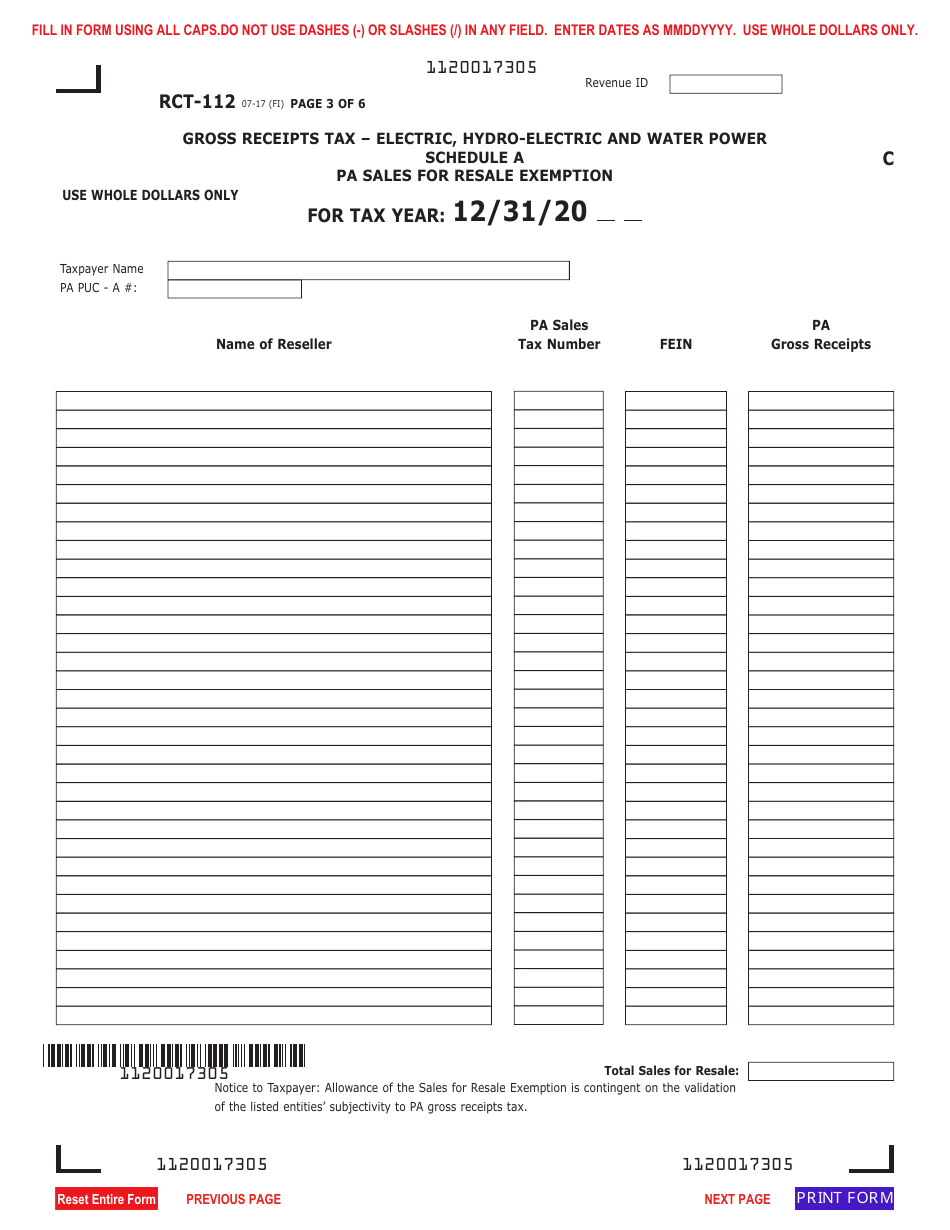 Form RCT-112 Gross Receipts Tax (Grt) Report - Electric, Hydro-Electric and Water Power Companies - Pennsylvania, Page 3
