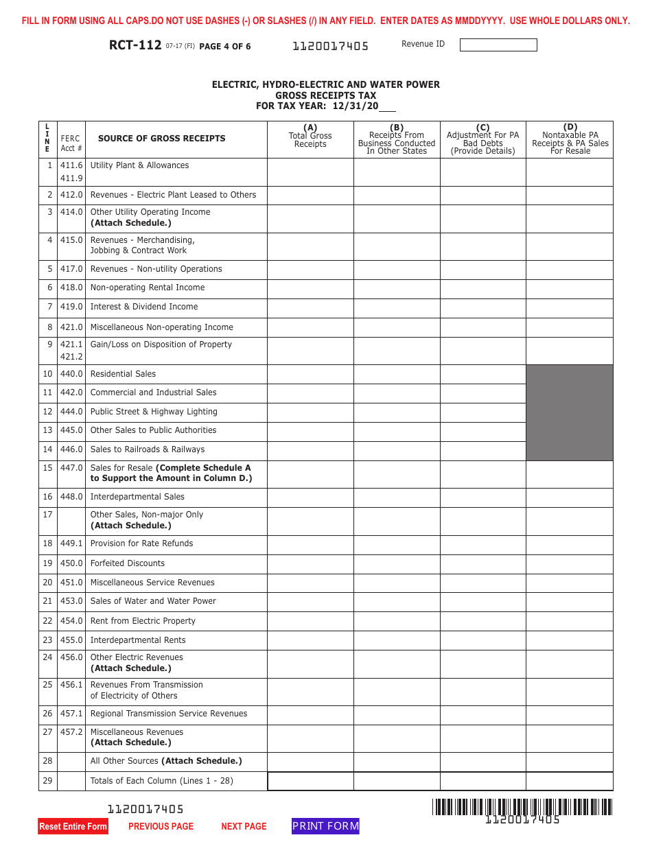 Form RCT-112 Gross Receipts Tax (Grt) Report - Electric, Hydro-Electric and Water Power Companies - Pennsylvania, Page 4