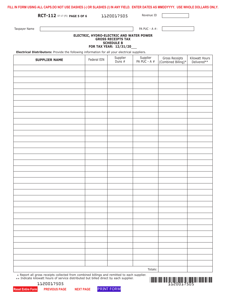 Form RCT-112 Gross Receipts Tax (Grt) Report - Electric, Hydro-Electric and Water Power Companies - Pennsylvania, Page 5