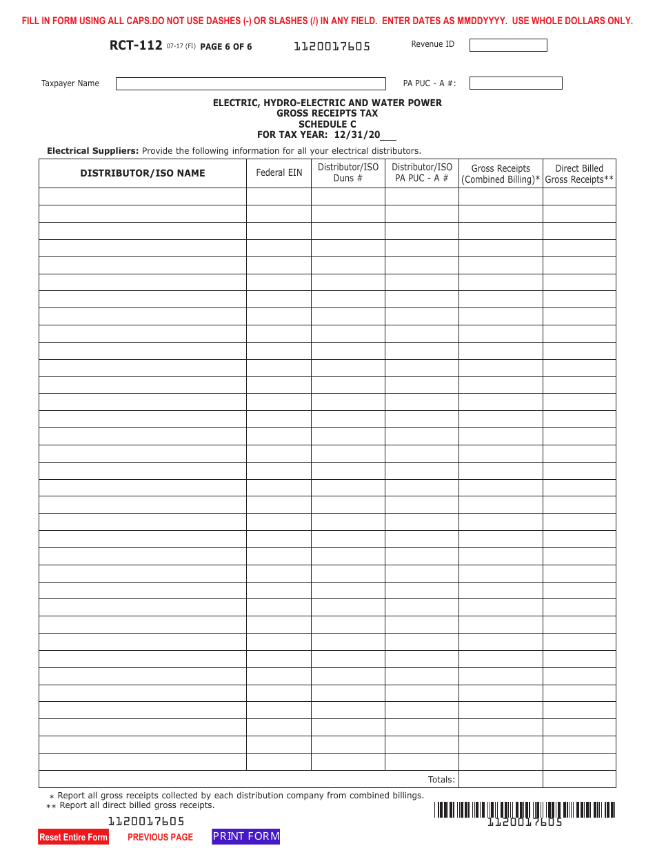 Form RCT-112 Gross Receipts Tax (Grt) Report - Electric, Hydro-Electric and Water Power Companies - Pennsylvania, Page 6
